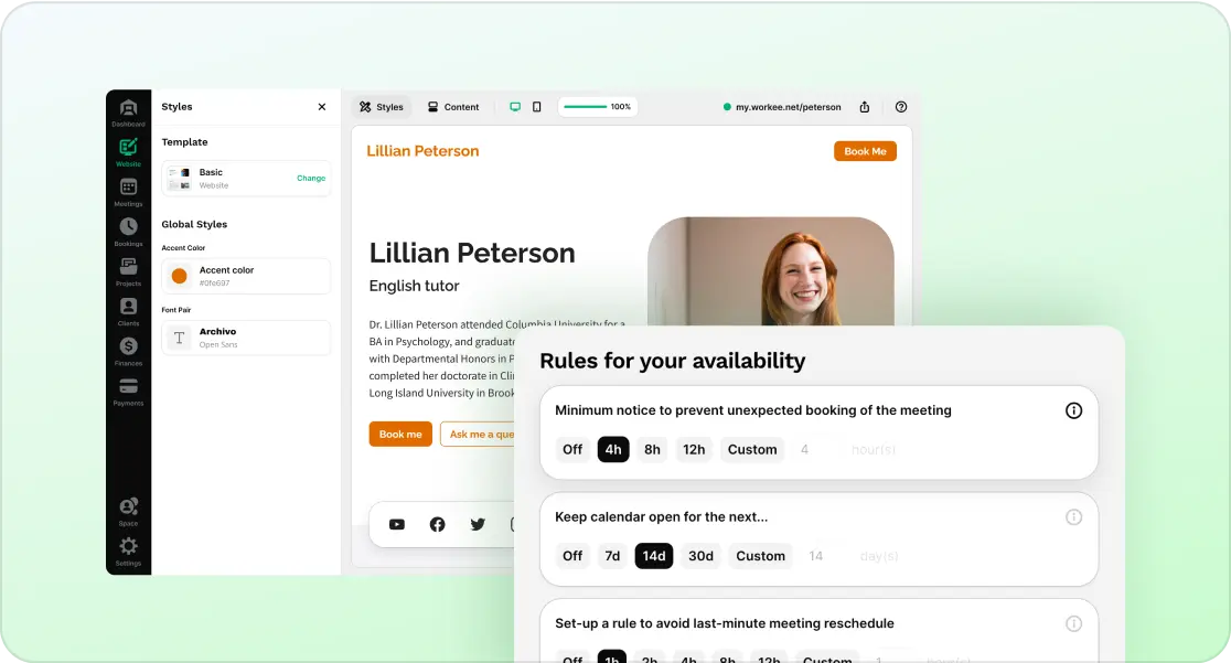 Branded landing page for each of your tutors with built-in bookings and payments